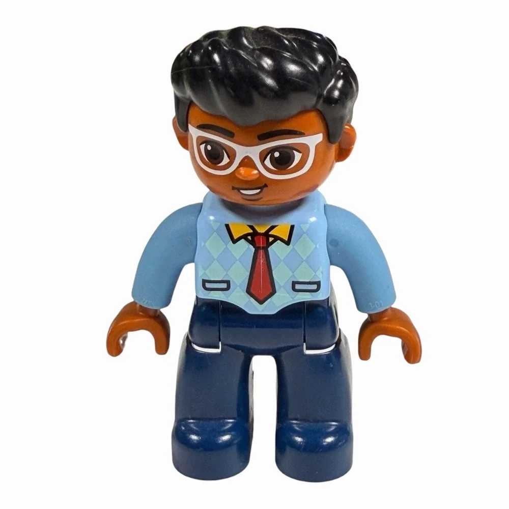 LEGO‎ Duplo Figure Male Dark Skin White Glasses Blue Vest Red Tie 47394PB225